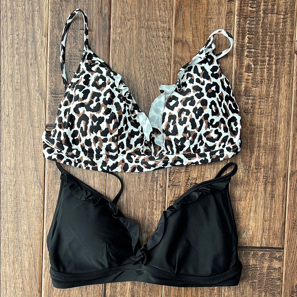 2 JCrew Factory triangle bikini tops black and leopard print
